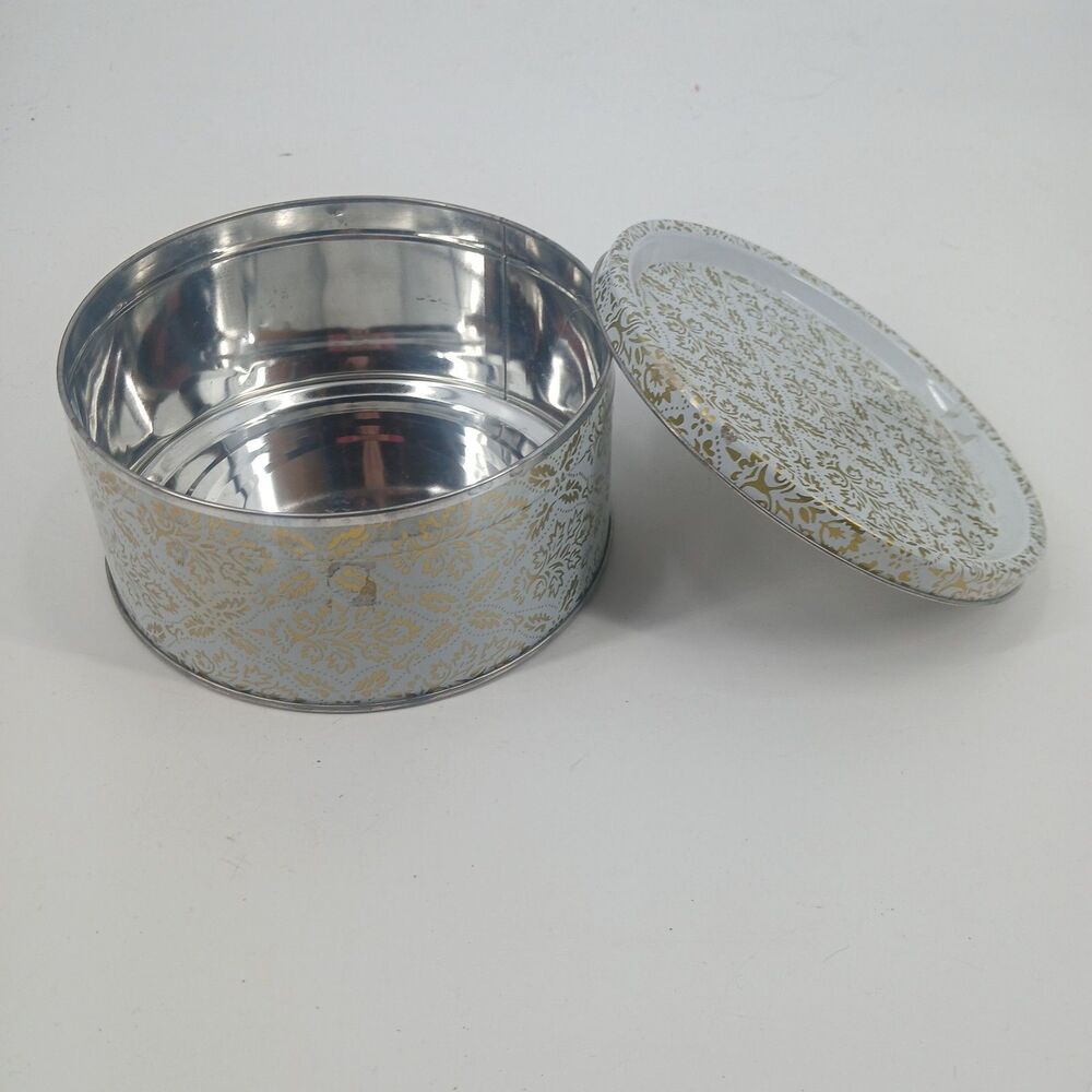 Vintage Round Silver Tone Metal Lace Pattern Pill Box Compact Trinket Box 10"